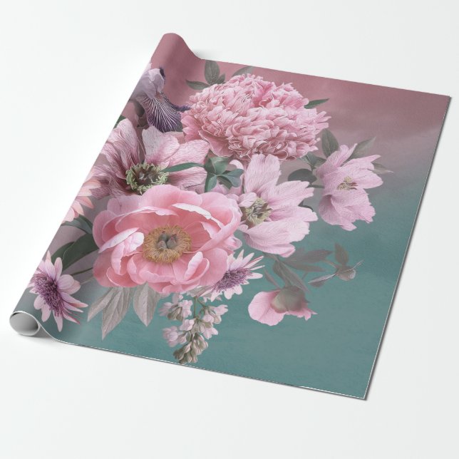 Blumenvorlage. Schöne Blume, Torfbäume und Iris Geschenkpapier (Ungerollt)