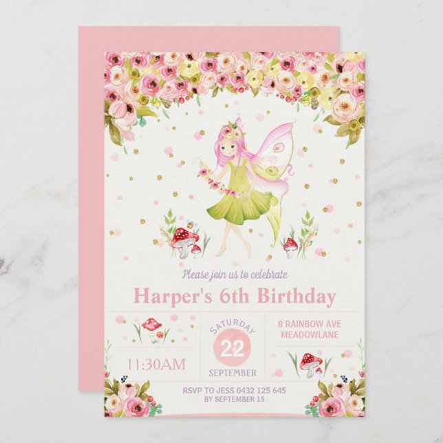 Blumenwald Fairy Birthday Invitation Girl Einladung (Vorne/Hinten)