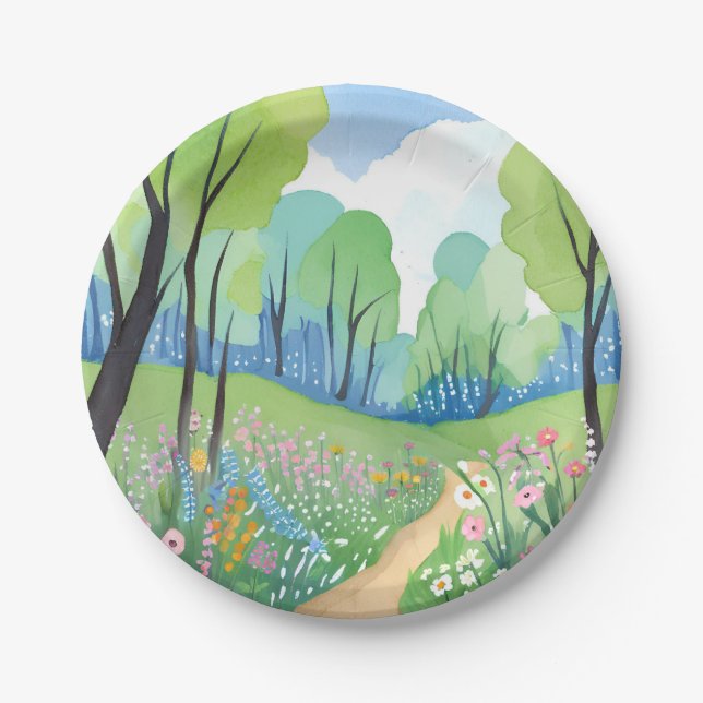 Blumenwald | Natur Wasserfarbe Wildblumen Pappteller (Vorderseite)