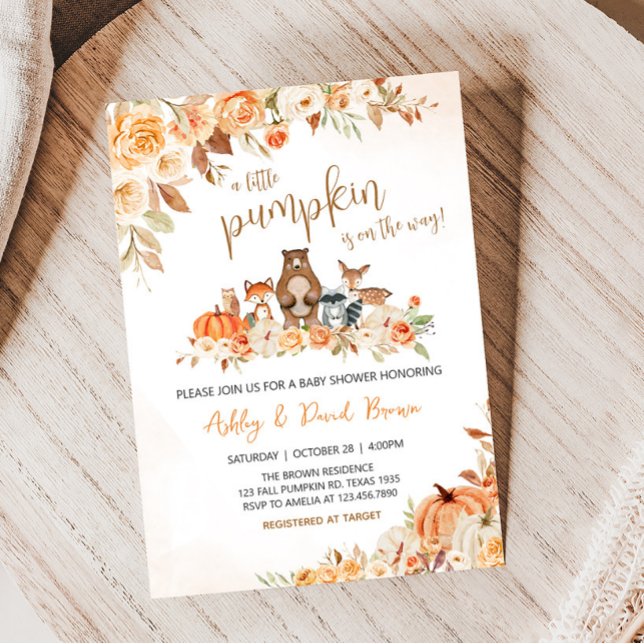 Blumenwaldlandtiere Kinderdusche Einladung (Orange Pumpkin Floral Woodland Baby Shower Invitation)