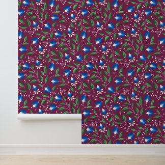 Blumenwallpaper in Burgund und Deep Blue Tapete