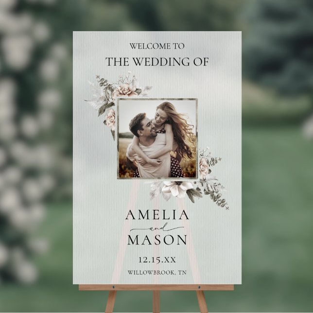 Blumenwasser-Foto Hochzeitszeichen Acrylschild (Translucent Floral Watercolor Photo Wedding Welcome Sign)