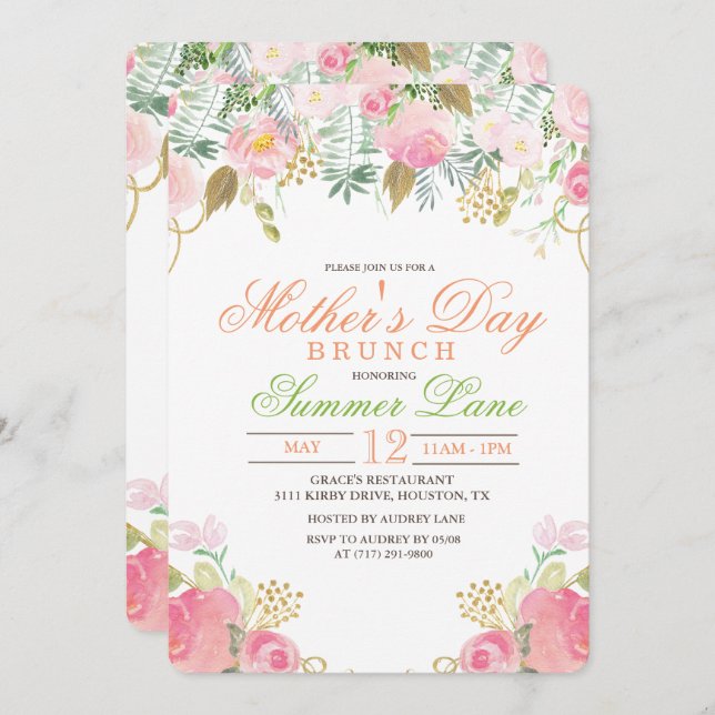 Blumenwasser Muttertagsbrunch Einladung (Vorne/Hinten)