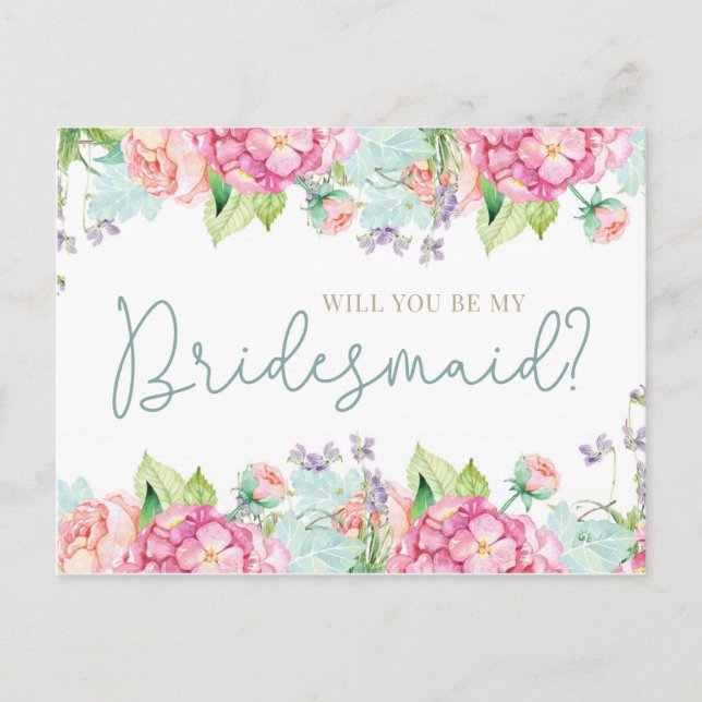 Blumenwasserfarbe wirst du meine Brautjungfrau sei Einladungspostkarte (Vorderseite)