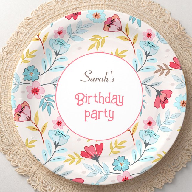 Blumenweibchen farbenfroh rosa Blauer Sommer Gebur Pappteller (Floral Feminine Colorful Pink Blue Summer Birthday Paper Plates)