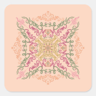 Blumenweiches Pfirsich-Kaleidoskop- Schrift Beste  Quadratischer Aufkleber