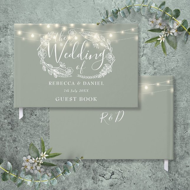 Blumenweihe Grüne Hochzeit Gästebuch (String Lights Floral Sage Green Wedding Guest Book)