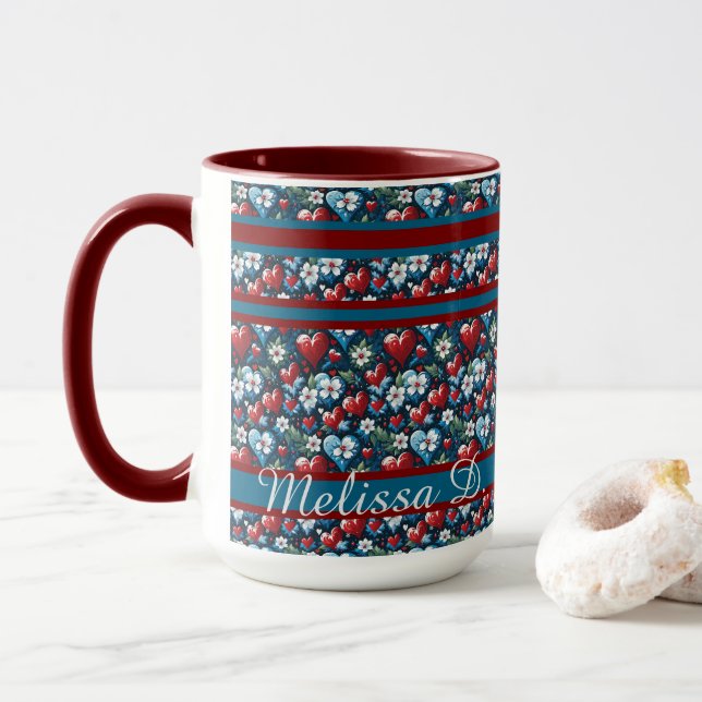 Blumenweihherzen in Rot Blau und Grün Tasse (Mit Donut)