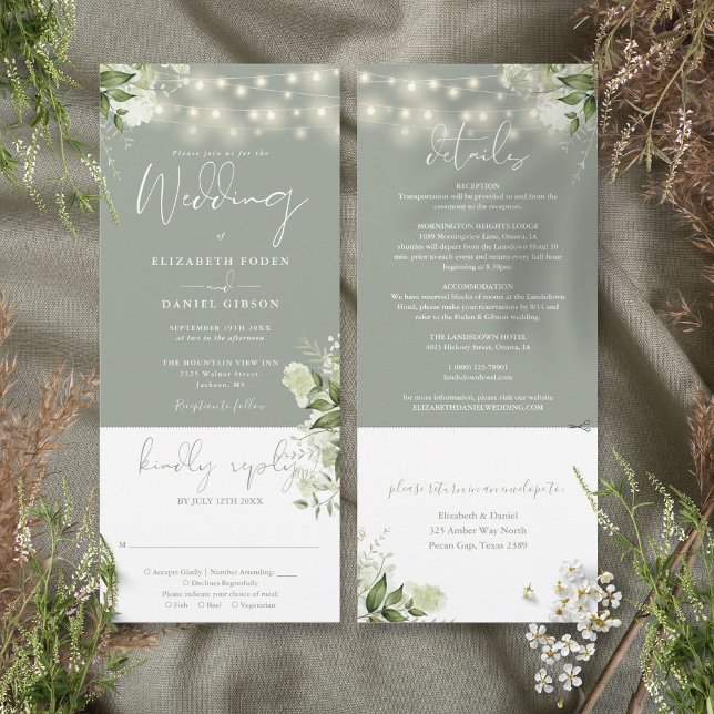 Blumenwein in einer Hochzeit Einladung (String Lights Floral Sage Green All In One Wedding Invitation)