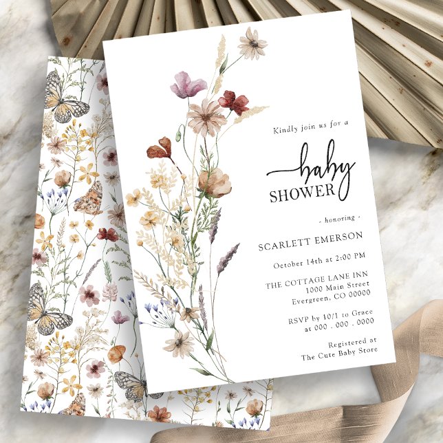 Blumenweiß-Baby-Dusche Einladung (Boho Wildflower Floral Baby Shower Invitation on white background by painted Paperie
)