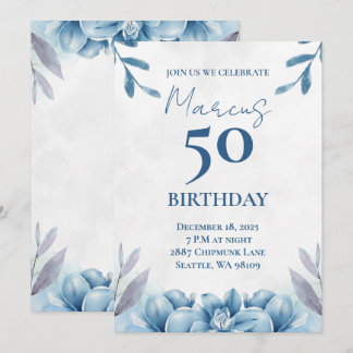 Blumenweiß und blau 50. Geburtstag Einladung