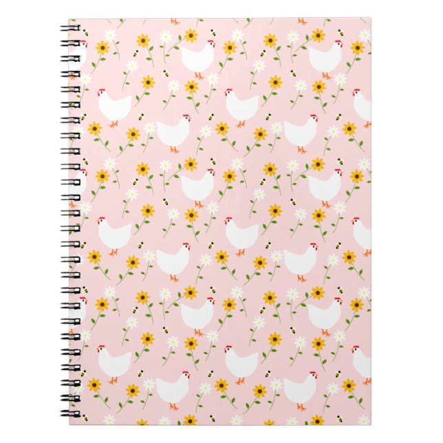 Blumenweiße Hühner auf rosa Notebook Notizblock (Vorderseite)