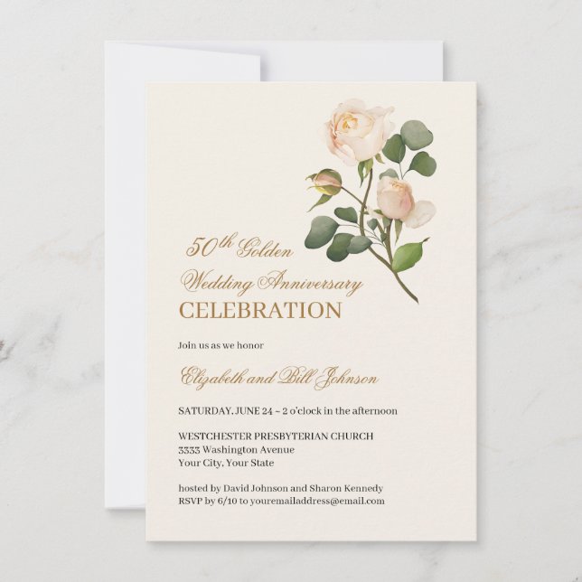 Blumenweiße Rose Gold 50. Hochzeitstag Einladung (Vorderseite)
