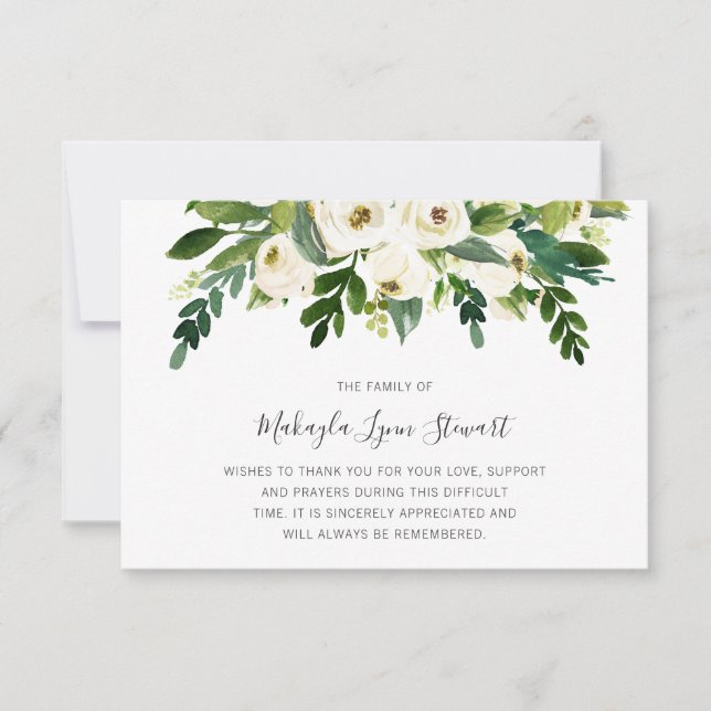 Blumenweiße Rosen Grüne Beerdigung Beileid Dankeskarte (Vorderseite)