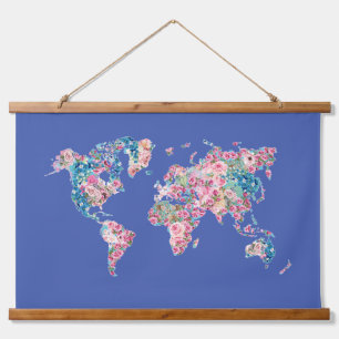 Blumenweltkarte Wandteppich Mit Holzrahmen
