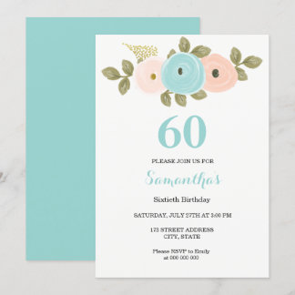 Blumenwettbewerb Aquamarin & Peach 60. Geburtstags Einladung