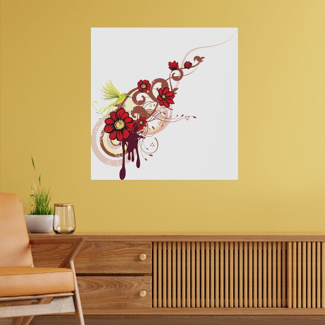 Blumenwirbel mit roten Blume und Hummingbird Poster (Von Creator hochgeladen)