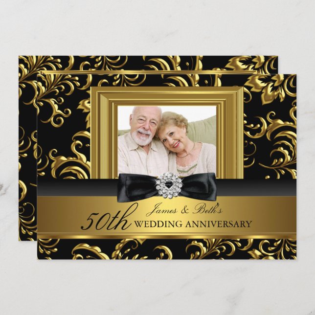 Blumenwirl Bow Foto 50. Hochzeitstag Einladung (Vorne/Hinten)