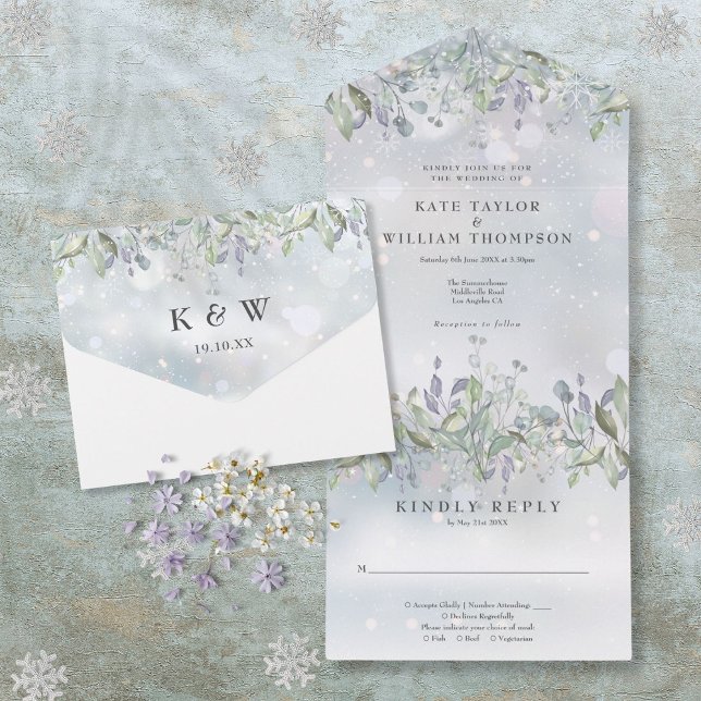 Blumenzange und Lilac-Monogramm-Winterhochzeit All In One Einladung (Floral Sage And Lilac Monogram Winter Wedding All In One Invitation)