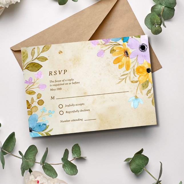 Blumenzeitpapier Rustikale Hochzeit im Freien RSVP Karte (Floral Aged Paper Rustic Outdoor Wedding RSVP Card)