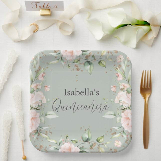 Blumenzettel Grünes Aquarellpapier Pappteller (Hochzeit)