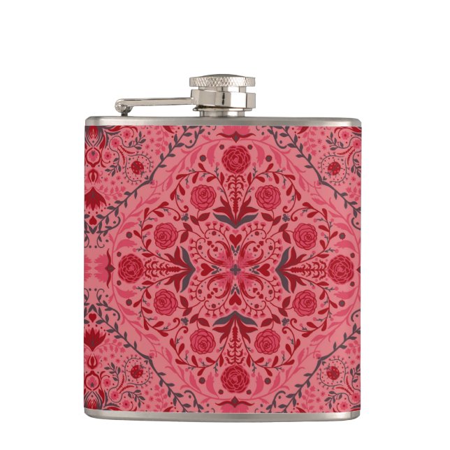 Blumenziegel in Rot und Wassermelone in Rosa Flachmann (Vorderseite)