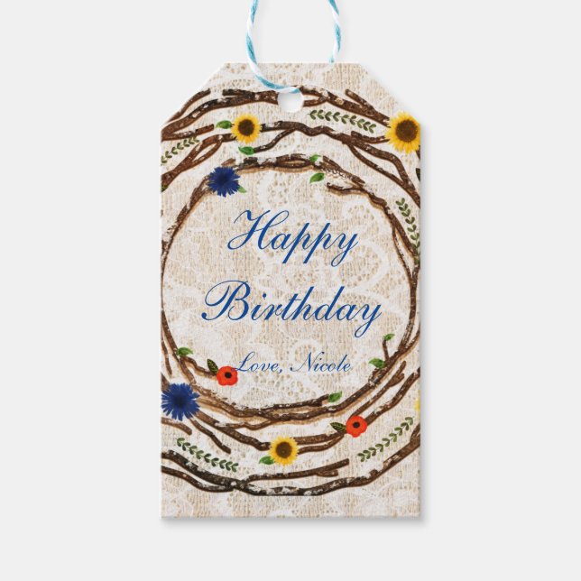 Blumenzweige Rustikale Burlap- & Lace-Geschenkmark Geschenkanhänger (Vorderseite)
