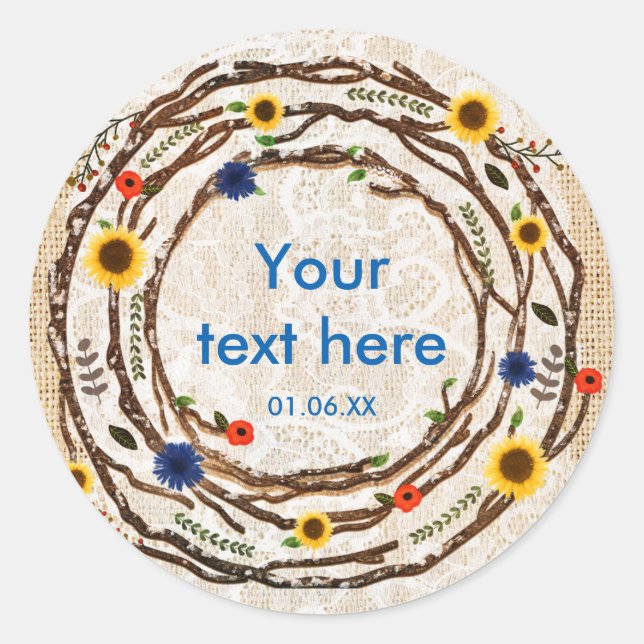 Blumenzweige Rustikale Burlap- und Spitzenaufklebe Runder Aufkleber (Vorderseite)