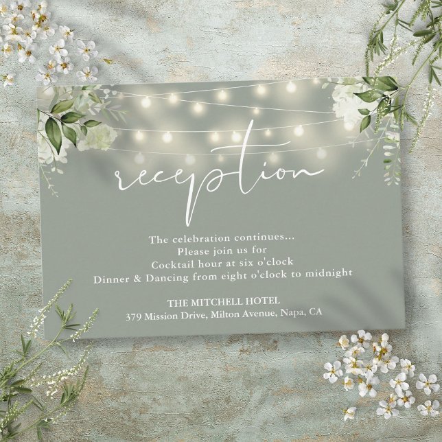 Blumenzwiebelleuchter Begleitkarte (Sage Green String Lights Floral Wedding Reception Enclosure Card)