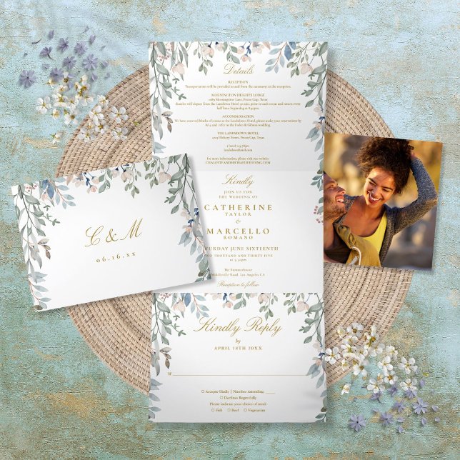 Blumenzwiebeln Monogramm Foto-Hochzeit Dreifach Gefaltete Einladung (Floral Wildflowers Monogram Photo Wedding Tri-Fold Invitation)