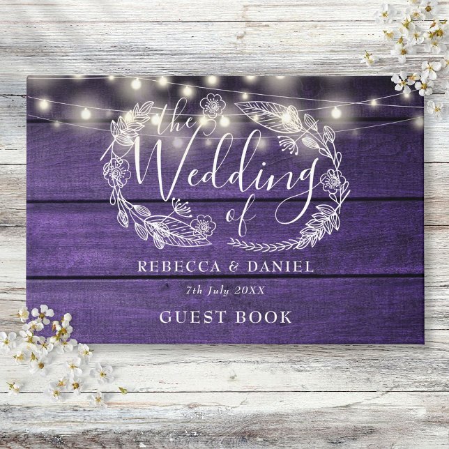 Blumenzwiebeln Rustikale Lila Holzverheiratung Gästebuch (String Lights Floral Rustic Purple Wood Wedding Guest Book)
