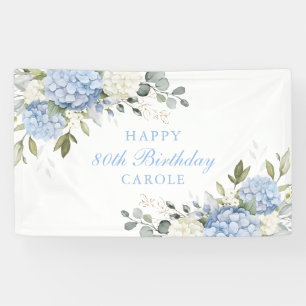 Blumig elegante blaue Hortensien 80. Geburtstagsfe Banner