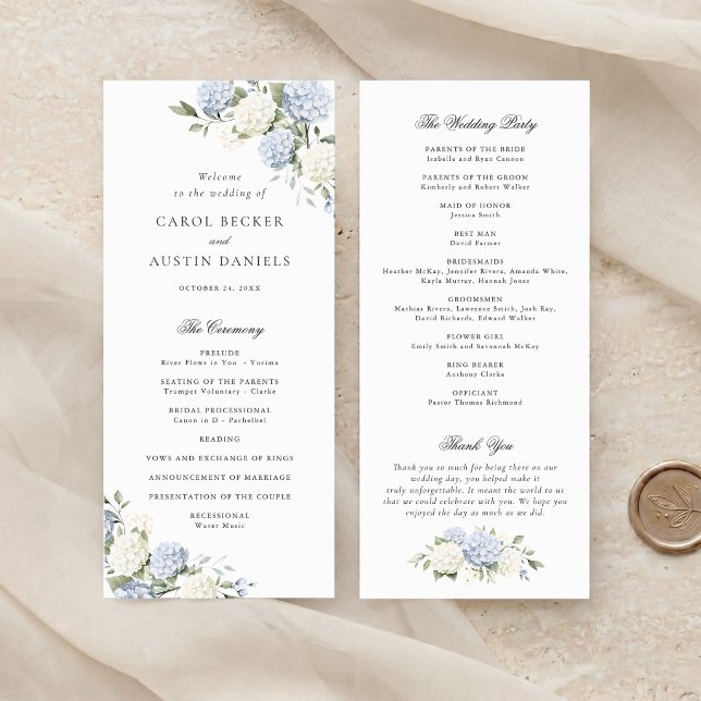 Blumig elegante blaue Hortensien-Hochzeitsprogramm Programm (Von Creator hochgeladen)