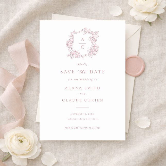 Blumig Elegante Pink Hydrangea Wappen Save-the-Dat Einladung (Von Creator hochgeladen)
