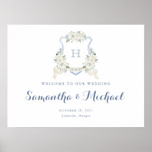 Blumig elegante staubblaue Crest-Willkommensschild Poster