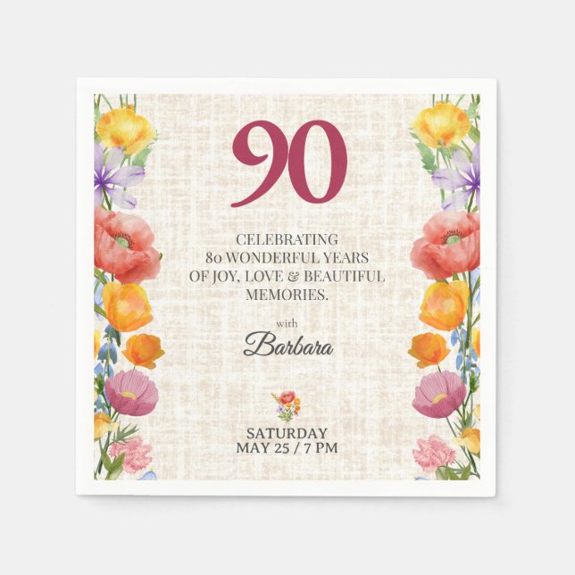 Blumige 90. Geburtstagsfeier - Chic Leinengarten Serviette (Vorderseite)