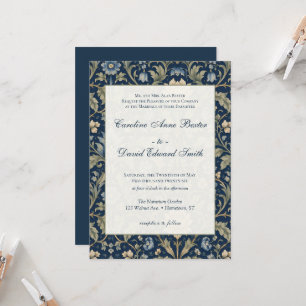 Blumige Art Nouveau-Navy-Blau-Hochzeit Einladung