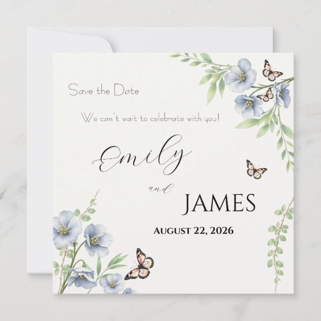 Blumige blaue Hochzeit - Save the Date (Vorderseite)