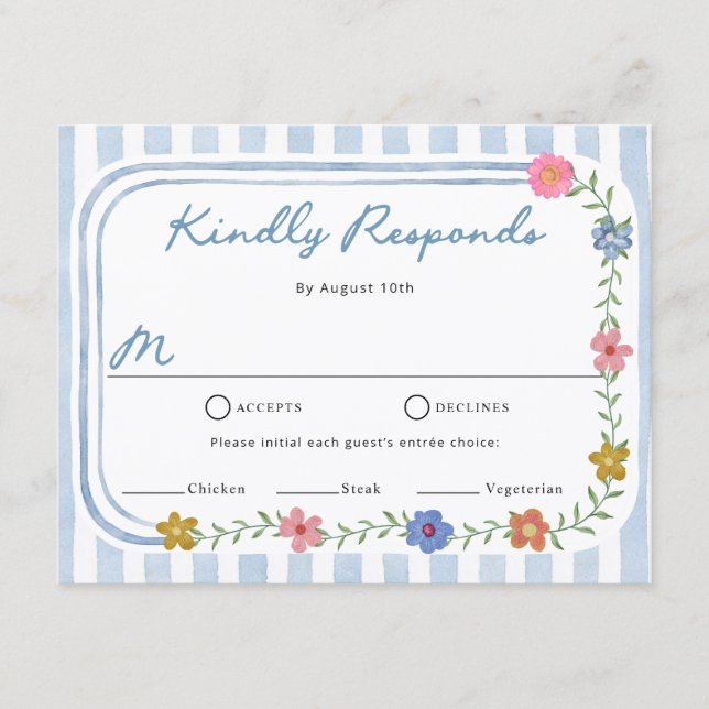 Blumige blaue Streifen-RSVP-Karten (Vorderseite)