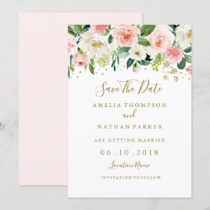Blumige Blush-Gold-Hochzeit - Termin merken Einladung