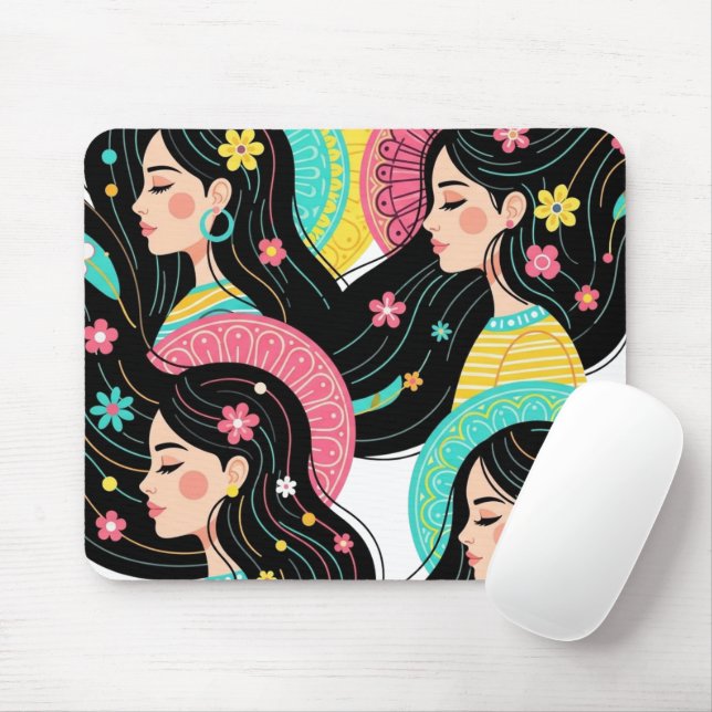 Blumige Bohemian-Frauen-Illustrations-Kunst  Mousepad (Mit Mouse)