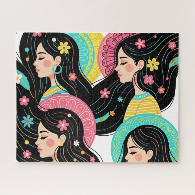 Blumige Bohemian-Frauen-Illustrations-Kunst  Puzzle (Horizontal)