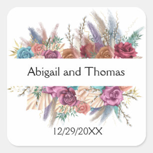 Blumige Boho personalisierte trendige Hochzeit Quadratischer Aufkleber