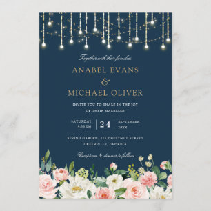 Blumige Braut Navy Lichterkette Elegante Hochzeit Einladung