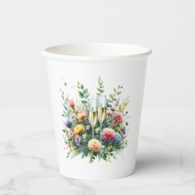 Blumige Champagner-Gartentassen Pappbecher (Vorderseite)