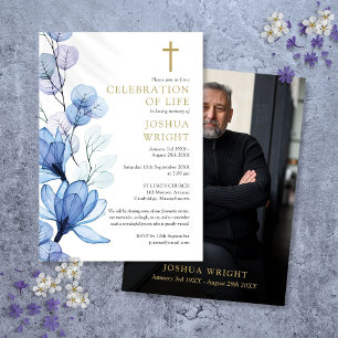 Blumige christliche Gedenk Trauerfoto in Blau Einladung