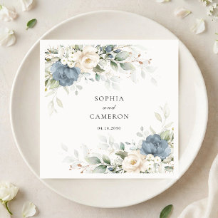 Blumige elegante blaue Grünpflanzen-Hochzeit Serviette