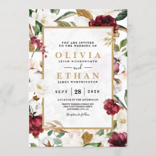 Blumige elegante burgunderrote Magnolie Grünrahmen Einladung