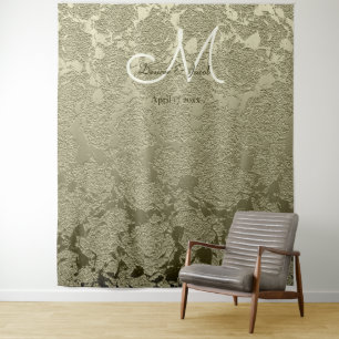 Blumige elegante hellgrüne elfenbeinfarbene Monogr Wandteppich