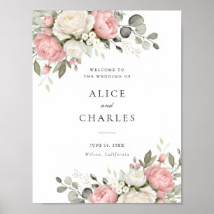 Blumige elegante rosafarbene Grünpflanzen-Hochzeit Poster